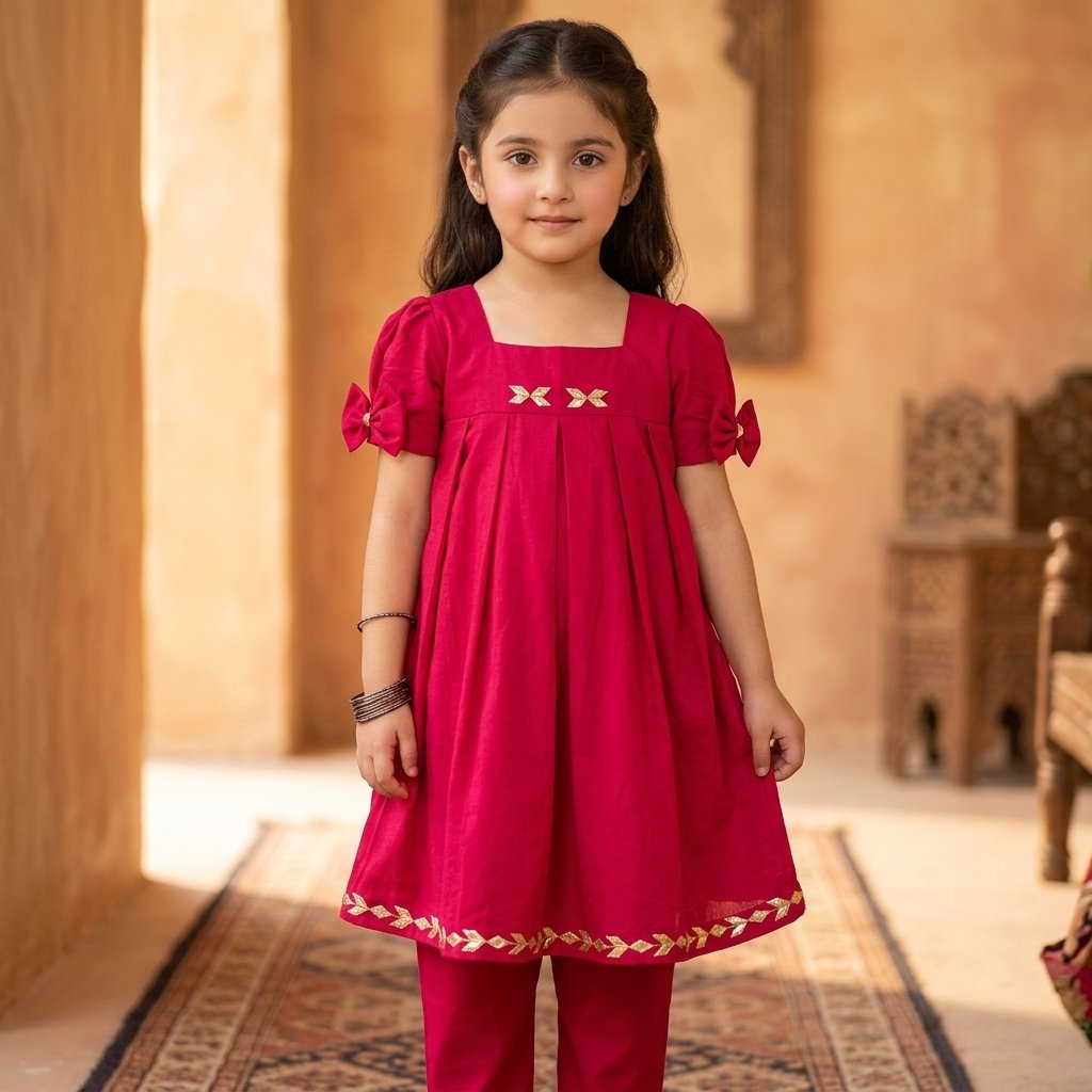 Magenta Bow Sleeve Kurti Set