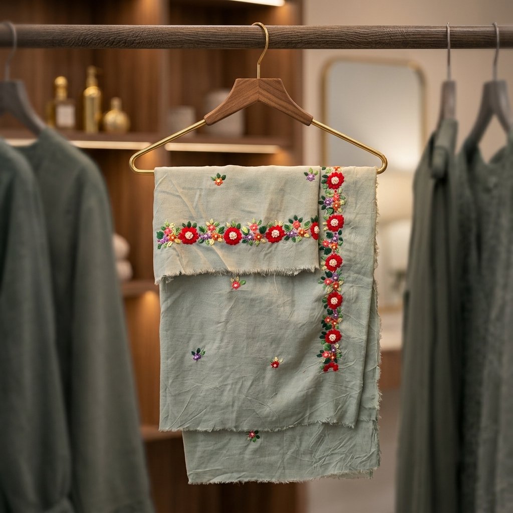 Sage Green Hand Embroidered Unstitched Lawn Dress